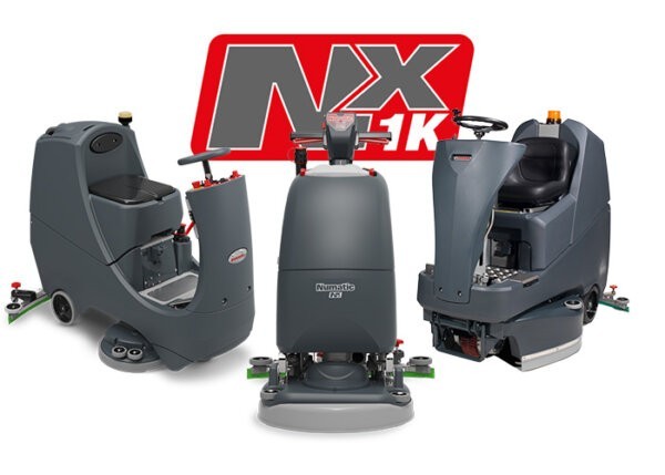 three floor scrubber machines with NX1K Lithium logo in the background