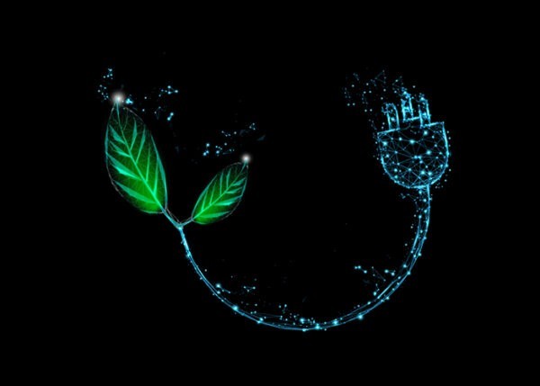 Glowing graphic representing a plug and cable with two leaves at the end