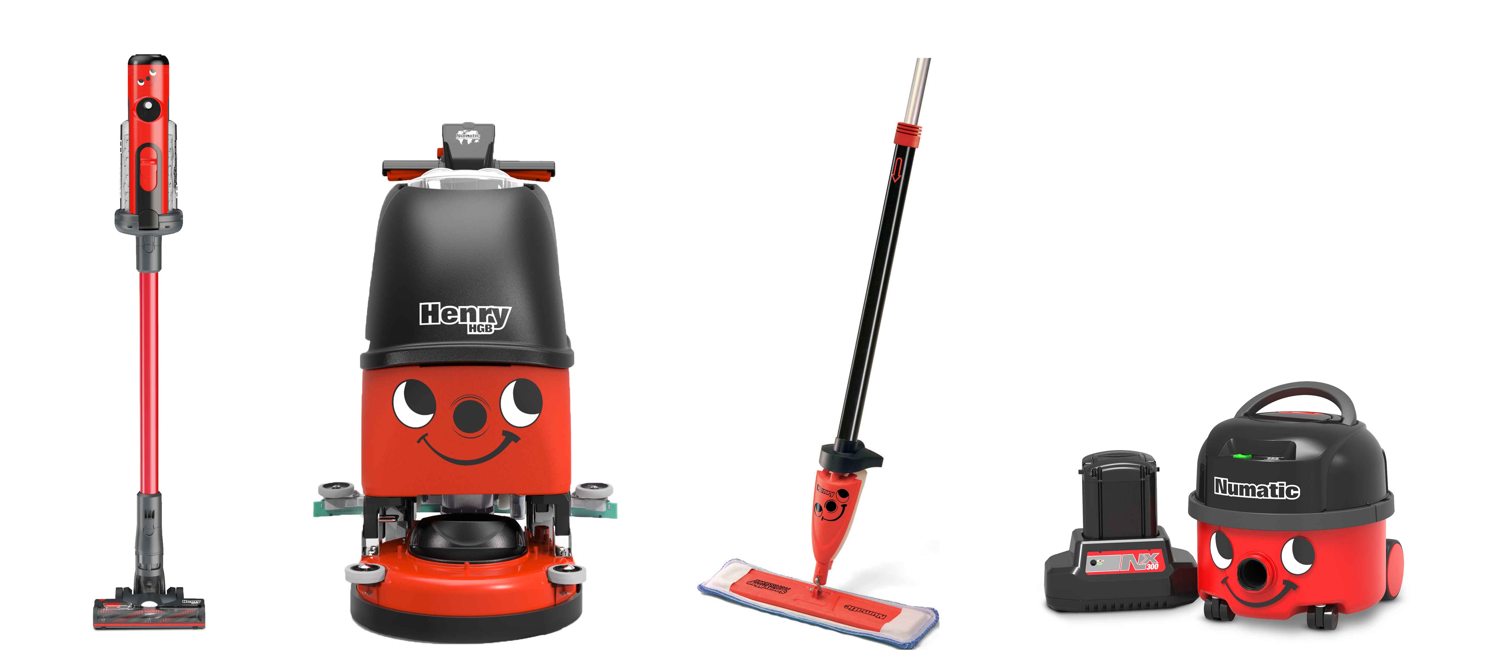 Numatic Henry models including Henry Quick, Henry Scrubber, Henry Mop and the cordless Henry